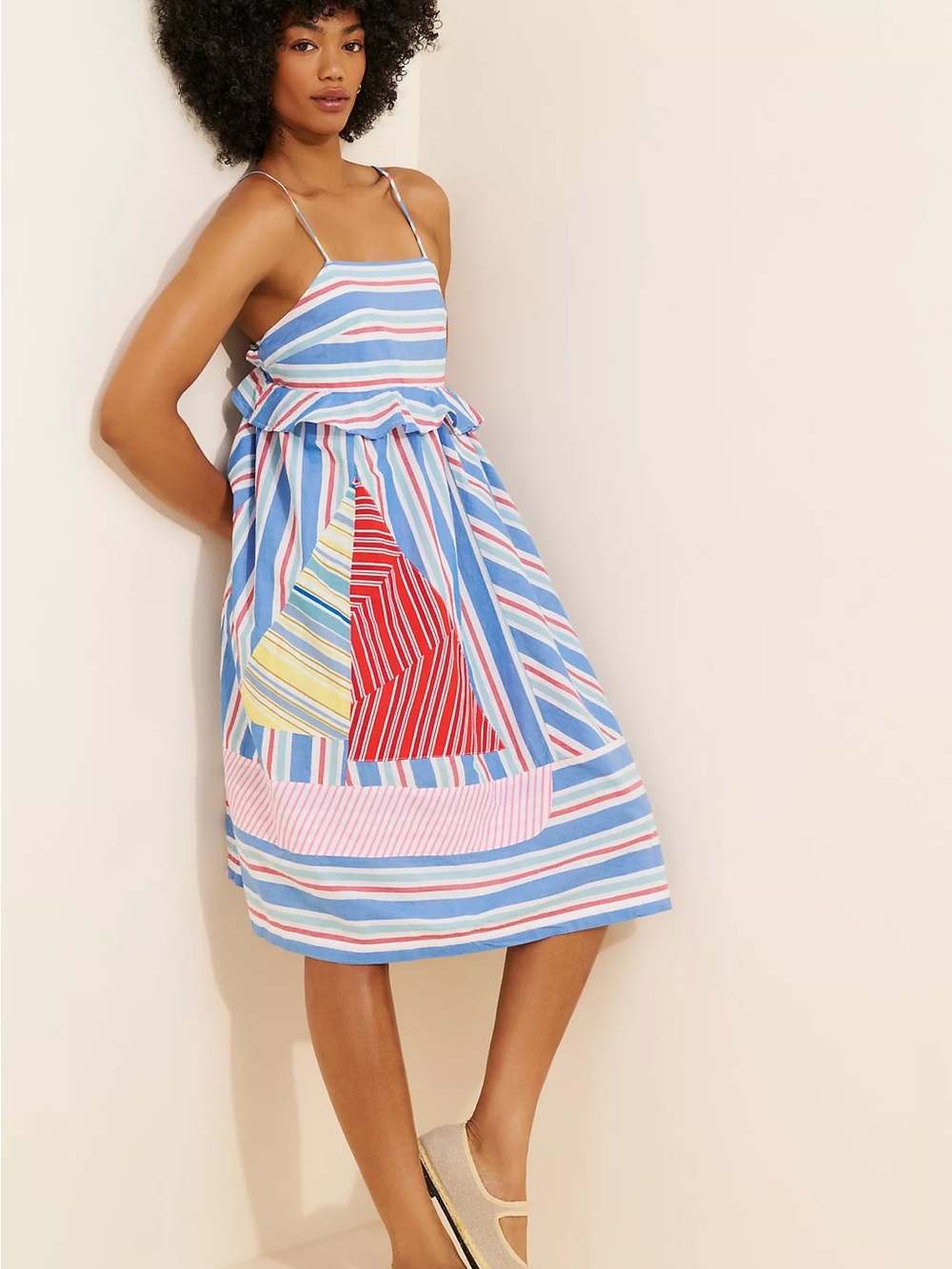 Striped Patchwork Midi Dress in Blue, Red & Pink